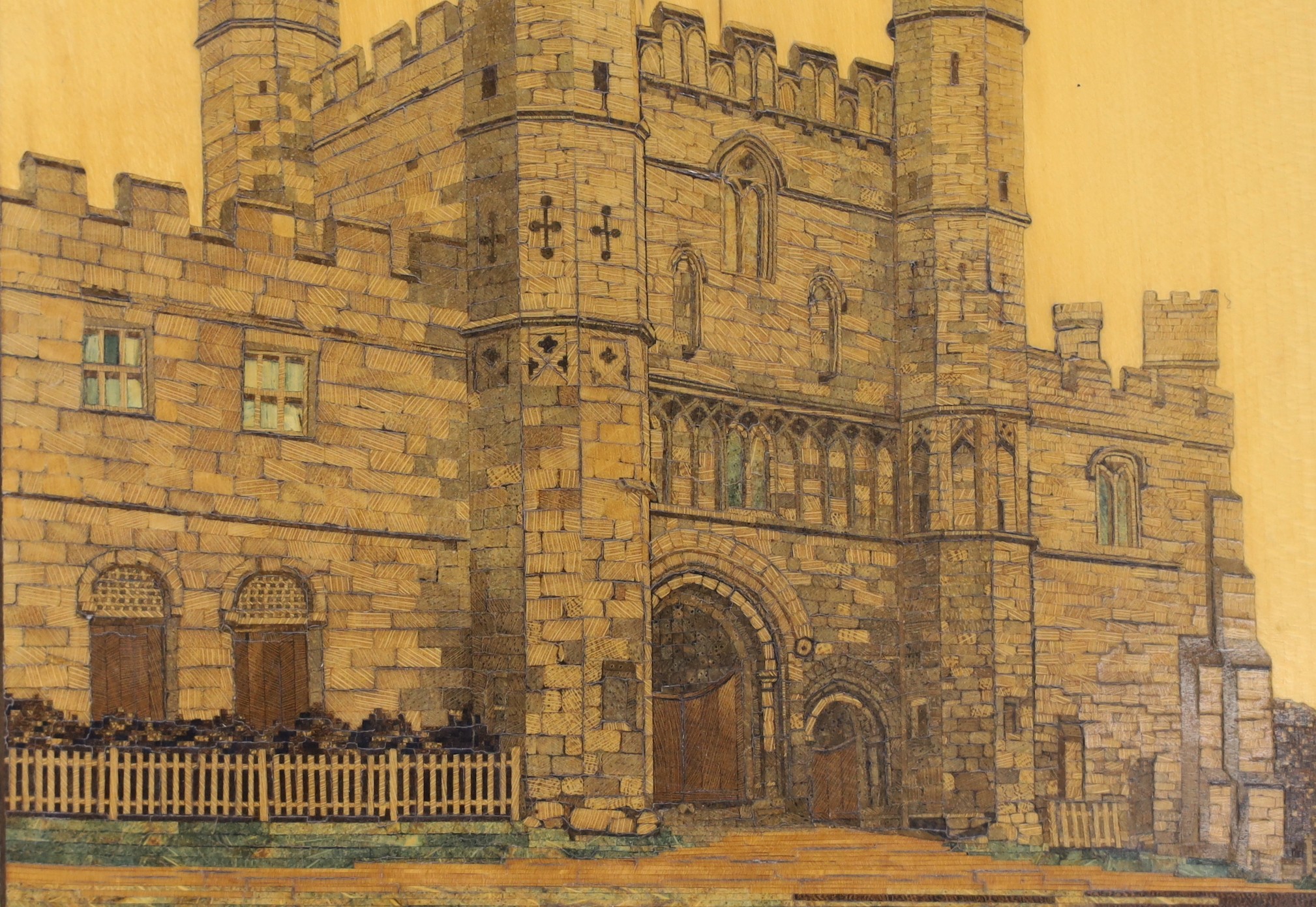 A rare Tunbridgeware rosewood coromandel blotter pad, with gauge-work view of Battle Abbey gateway, 29cm